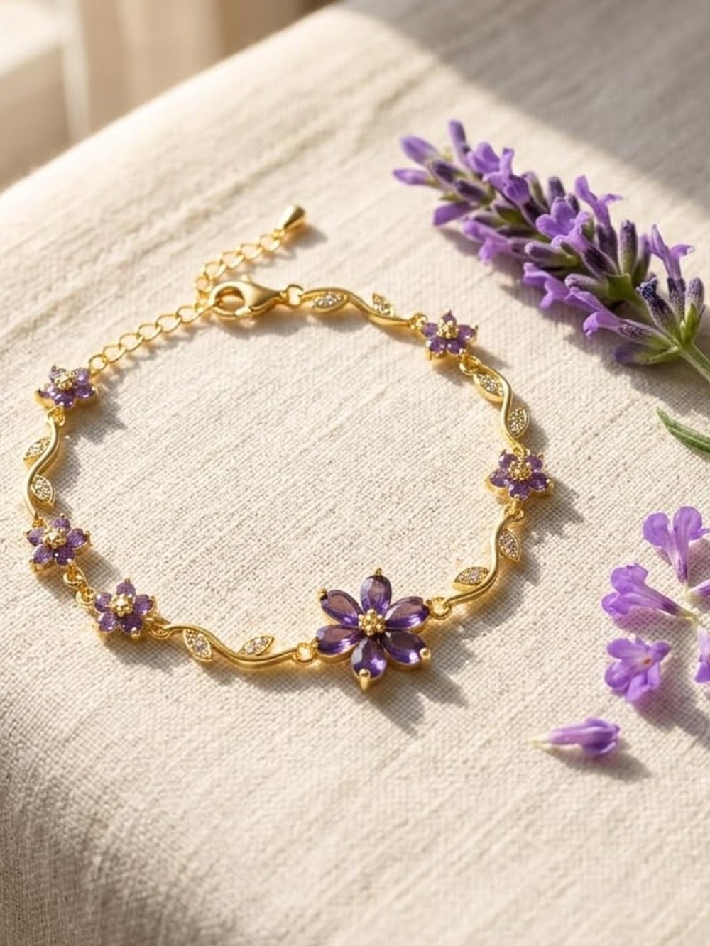 🆕New Purple Vine Flower Gemstone Bracelet-14K Gold Plated